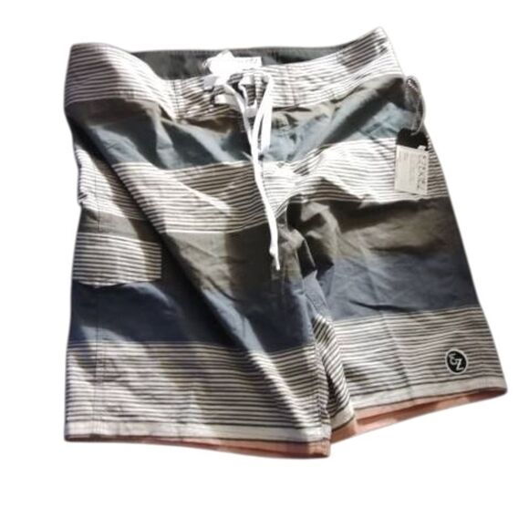 Men's Striped Swim Shorts - Gray and White - Picture 1 of 5